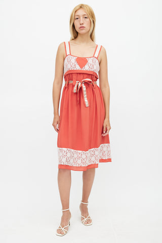 Anna Sui Red & White Belted Lace Dress