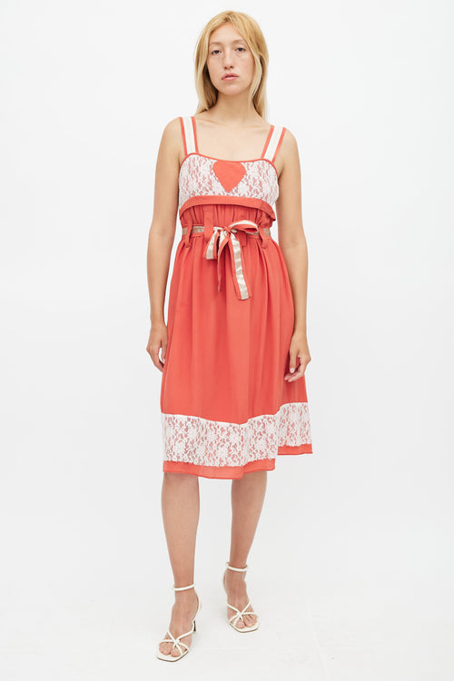 Anna Sui Red & White Belted Lace Dress