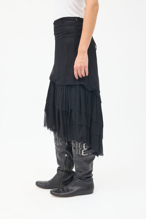 Anne Valérie Hash Black Silk Chiffon Tiered Midi Skirt