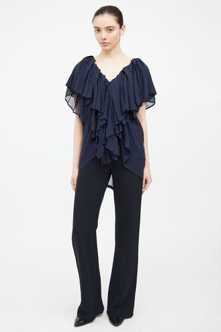 Ann Demeulemeester Navy Silk Pleated Ruffle Top