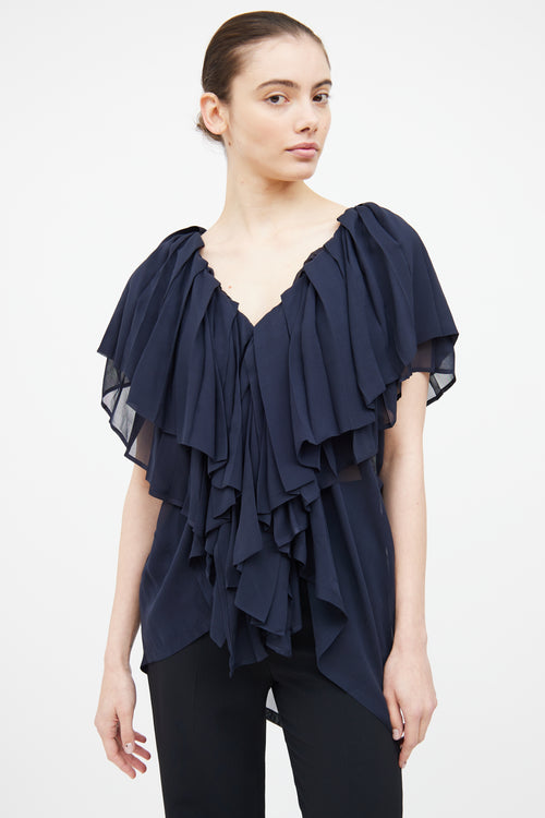 Ann Demeulemeester Navy Silk Pleated Ruffle Top