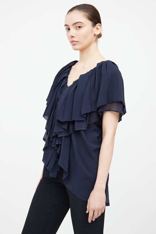 Ann Demeulemeester Navy Silk Pleated Ruffle Top