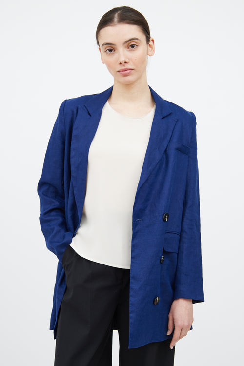 Reformation Navy Linen Double Breasted Blazer