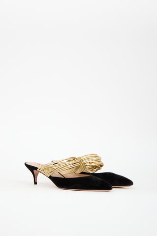 Aquazzura Black & Gold Suede Rendez Vous Heel