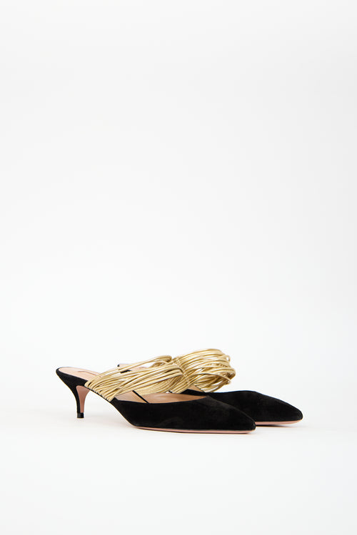 Aquazzura Black & Gold Suede Rendez Vous Heel