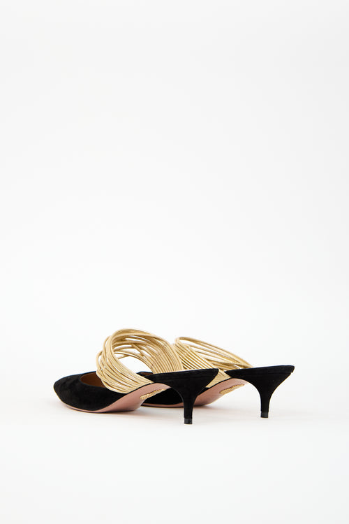 Aquazzura Black & Gold Suede Rendez Vous Heel