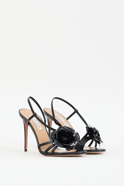 Aquazzura Black Textured Patent Paris Rose Sandal