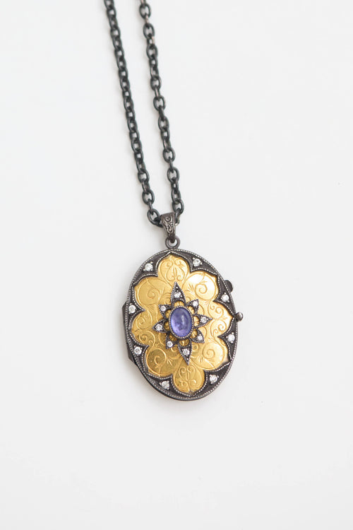 Fine Jewelry Sterling Silver 22K Yellow Gold Lolite and Diamond Locket Necklace