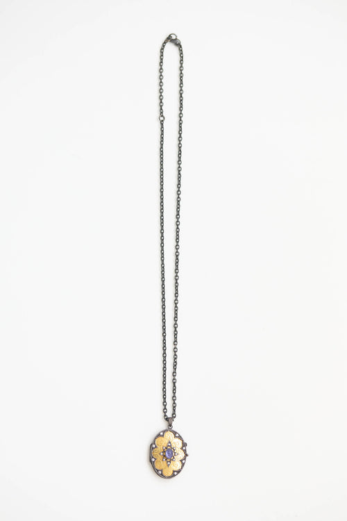 Fine Jewelry Stering Silver 22K Yellow Gold Lolite and Diamond Locket Necklace