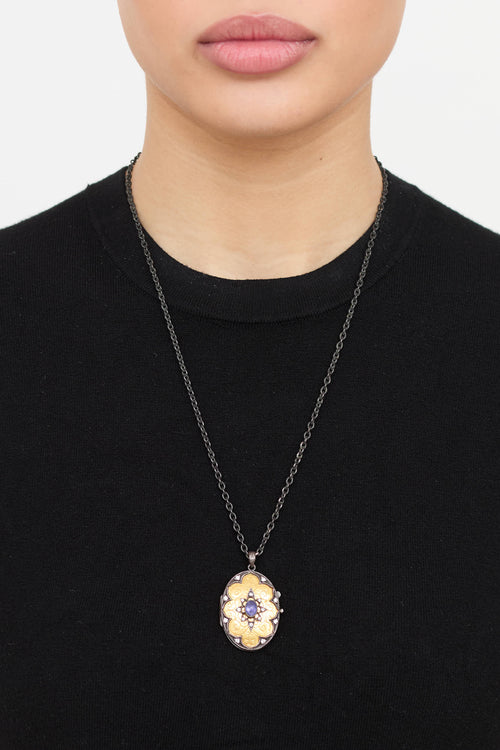 Fine Jewelry Sterling Silver 22K Yellow Gold Lolite and Diamond Locket Necklace