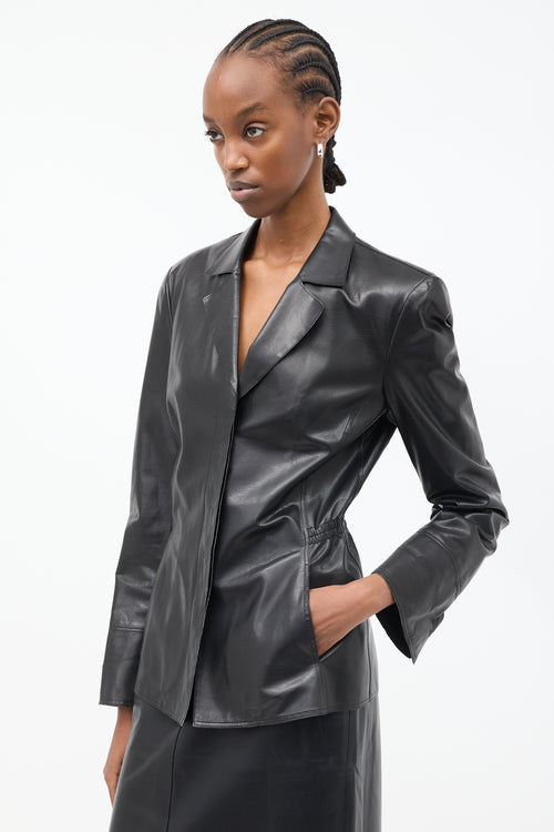 Armani Black Leather Elasticized Waist Blazer