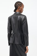 Armani Black Leather Elasticized Waist Blazer