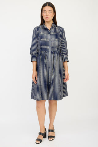 Armani Navy & White Striped Pleated Dress