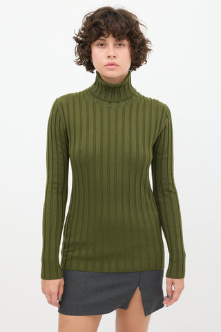 Aspesi Green Wool Ribbed Knit Turtleneck