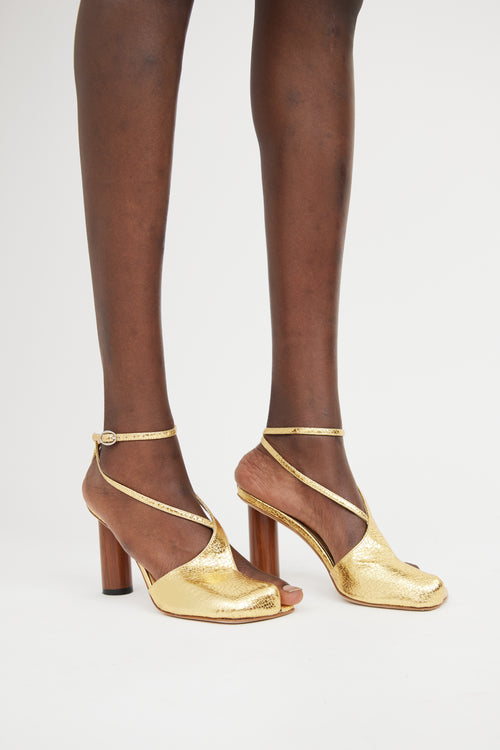 A.W.A.K.E Mode Gold Leather Christine Asymmetrical Sandal