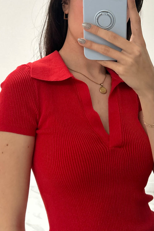Red Ribbed Polo Top