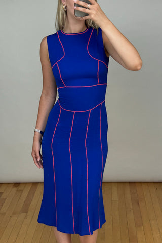 Blue & Neon Pink Silk Panelled Midi Dress
