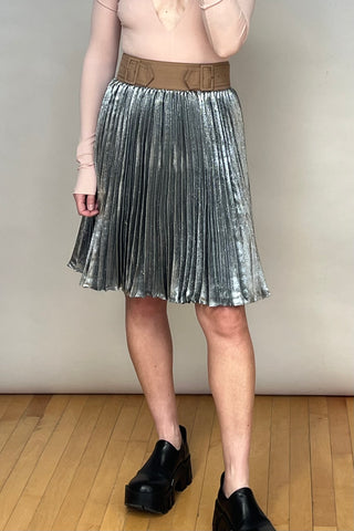 Silver Metallic Pleated Midi Skirt