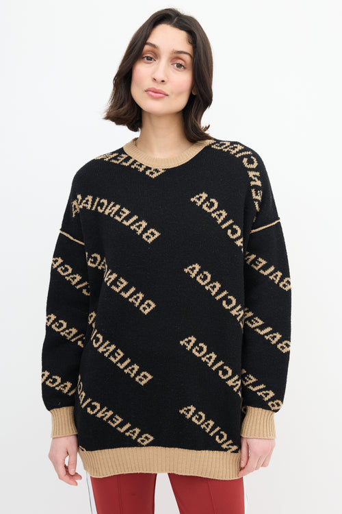 Balenciaga Beige & Black Reversible Allover Logo Sweater