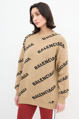 Balenciaga Beige & Black Reversible Allover Logo Sweater