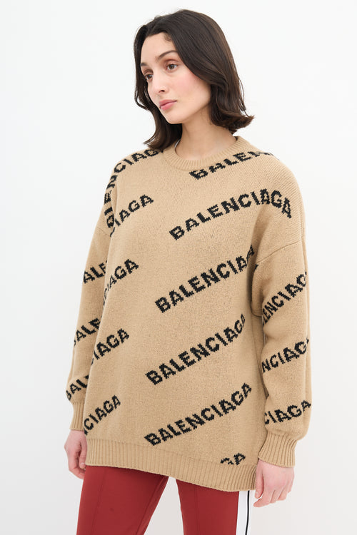 Balenciaga Beige & Black Reversible Allover Logo Sweater