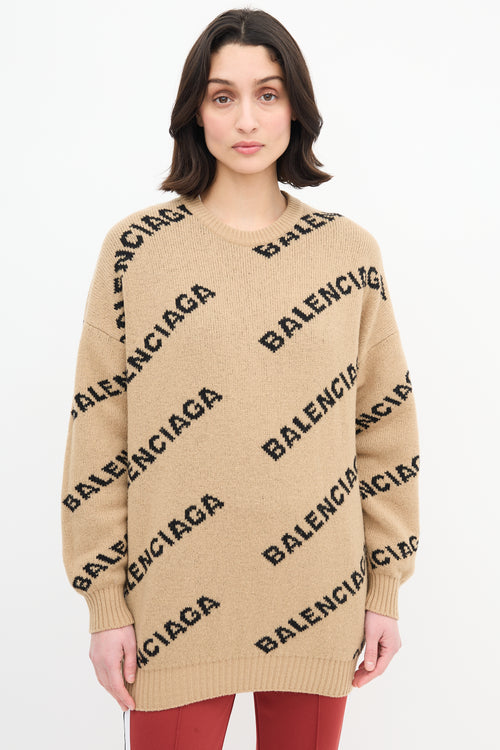 Balenciaga Beige & Black Reversible Allover Logo Sweater