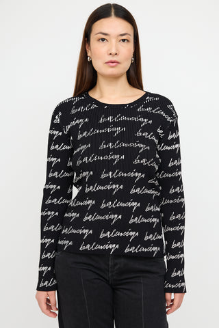 Balenciaga Black & White Script Logo Ribbed Top