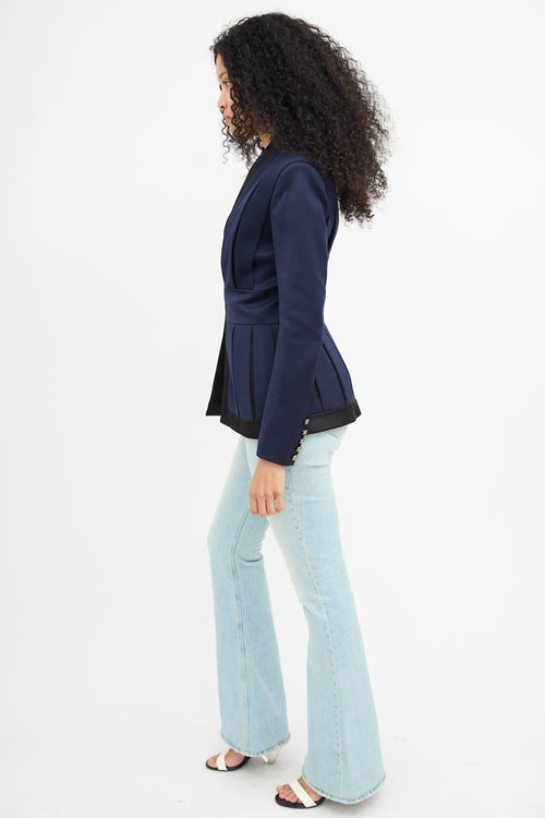 Balmain Navy & Black Wool Pleated Blazer