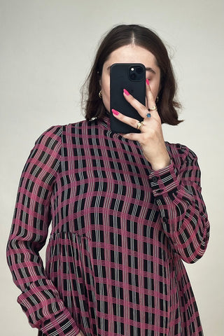 Black & Pink Check Gathered Midi Dress