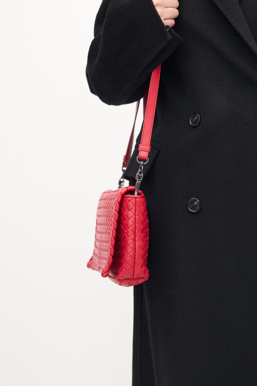 Bottega Veneta Red Leather Intrecciato Full Flap Crossbody Bag