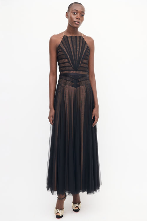 Badgley Mischka Black Pleated Mesh Overlay Gown