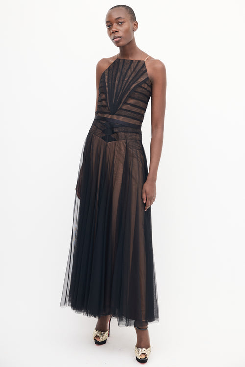 Badgley Mischka Black Pleated Mesh Overlay Gown