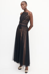 Badgley Mischka Black Pleated Mesh Overlay Gown