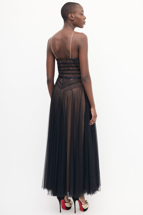 Badgley Mischka Black Pleated Mesh Overlay Gown