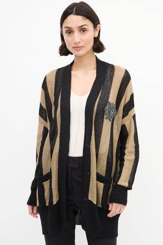 Brunello Cucinelli Black & Brown Linen & Silk Sequin Cardigan