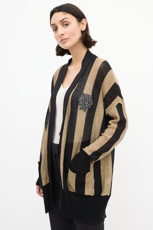 Brunello Cucinelli Black & Brown Linen & Silk Sequin Cardigan