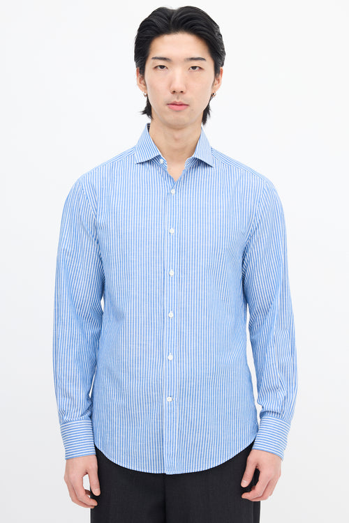 Brunello Cucinelli Blue & White Wide Pinstripe Slim Shirt