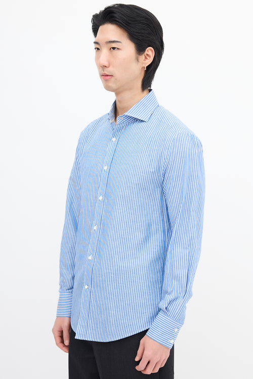 Brunello Cucinelli Blue & White Wide Pinstripe Slim Shirt