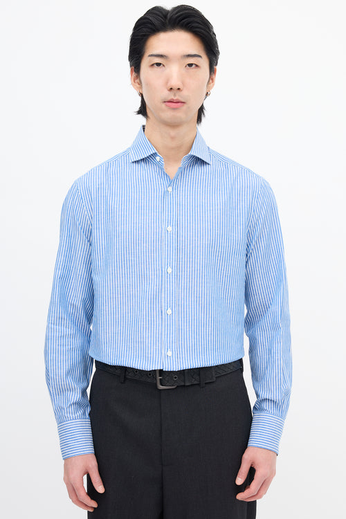 Brunello Cucinelli Blue & White Wide Pinstripe Slim Shirt