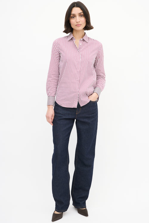 Brunello Cucinelli Purple & White Cotton Striped Monili Shirt