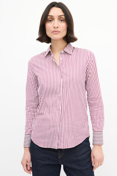 Brunello Cucinelli Purple & White Cotton Striped Monili Shirt