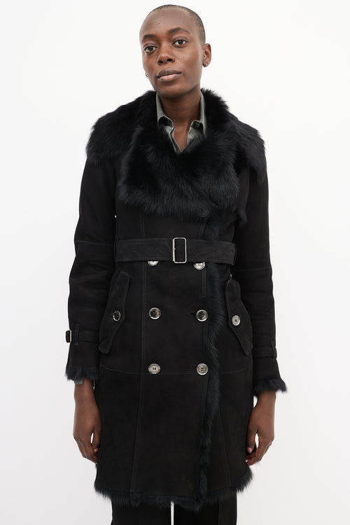 Burberry Black Suede & Shearling Double Breasted Trench Coat