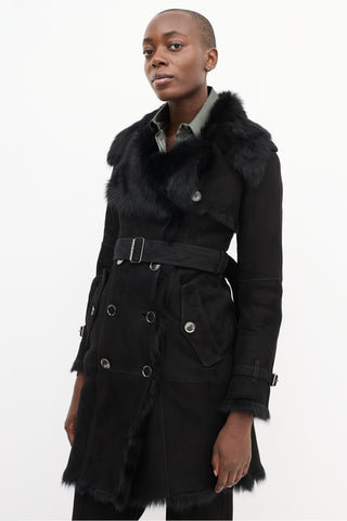 Burberry Black Suede & Shearling Double Breasted Trench Coat