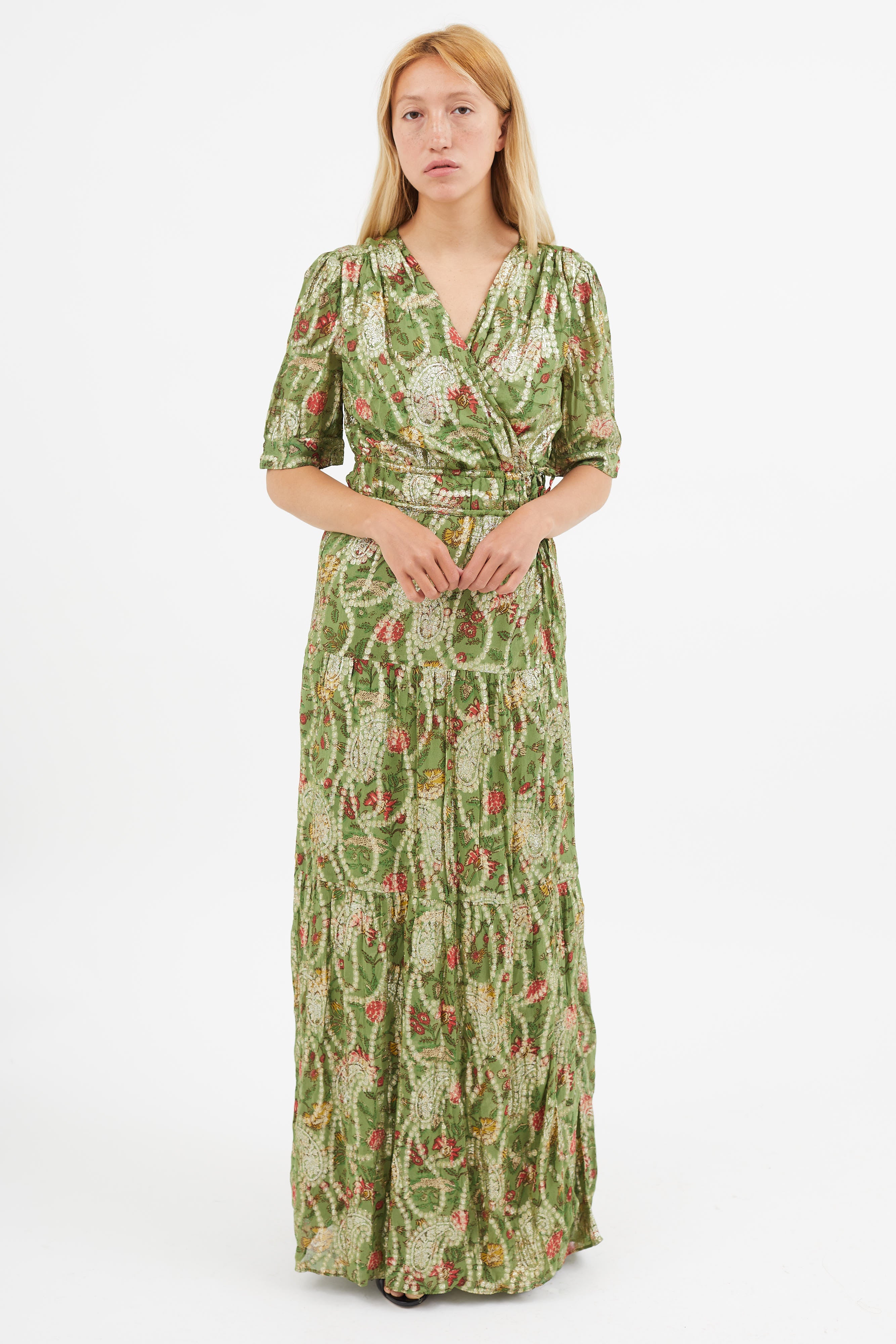 Ba&sh // Green & Gold Rubi Wrap Dress VSP Consignment Ba&sh // Green & Gold Rubi Wrap Dress VSP Consignment