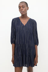 ba&sh gold dress Ba&sh // Navy & Gold Striped Dress – VSP Consignment