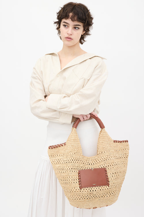 Ba&sh Beige Raffia & Brown Leather Ara Tote Bag