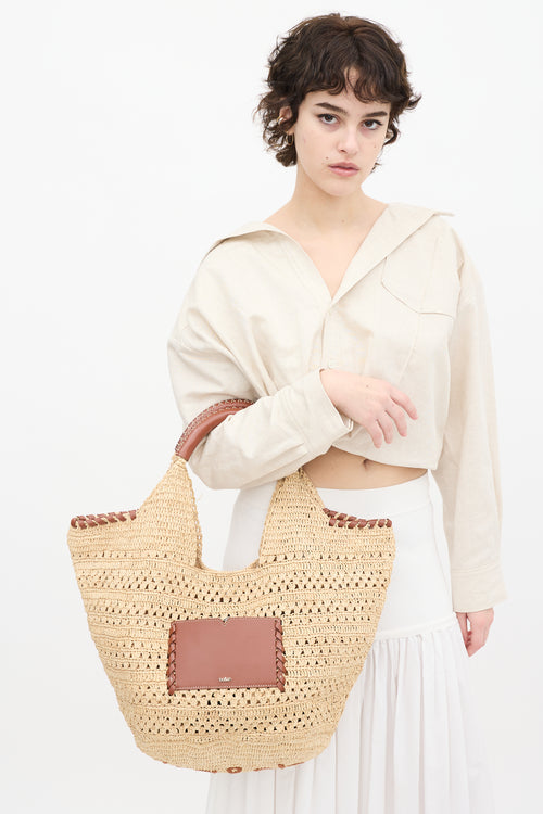 Ba&sh Beige Raffia & Brown Leather Ara Tote Bag