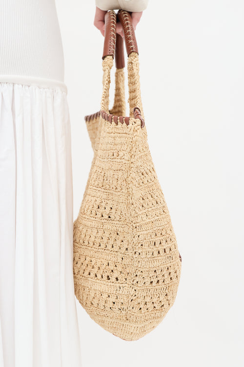 Ba&sh Beige Raffia & Brown Leather Ara Tote Bag