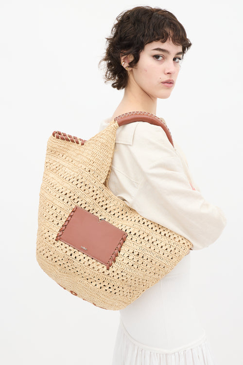 Ba&sh Beige Raffia & Brown Leather Ara Tote Bag