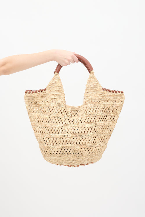 Ba&sh Beige Raffia & Brown Leather Ara Tote Bag